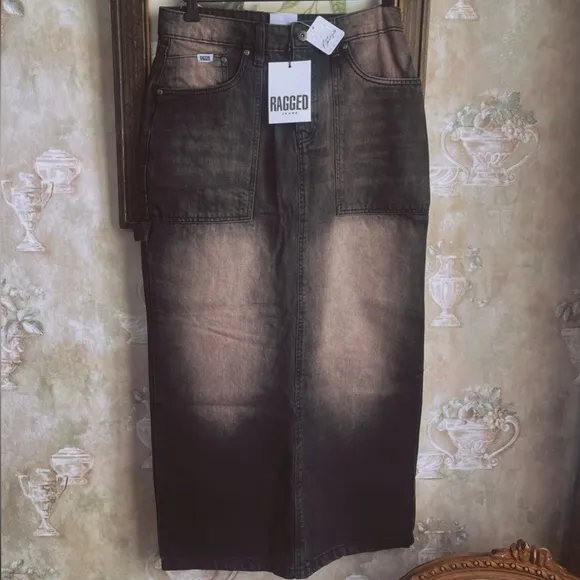 FREE PEOPLE THE  RAGGED PRIEST COCOA BROWN MAXI DENIM SKIRT OVERSIZED 6