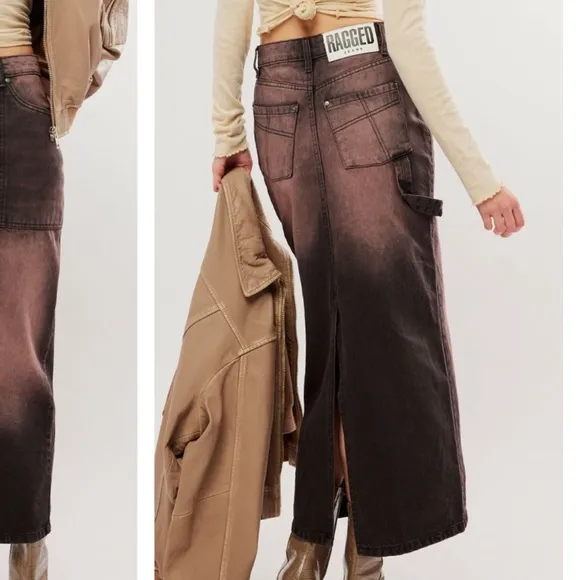 FREE PEOPLE THE  RAGGED PRIEST COCOA BROWN MAXI DENIM SKIRT OVERSIZED 6