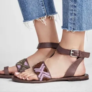 Free People Torrence Stitched Mauve Leather Ankle Wrap Sandals Size 41