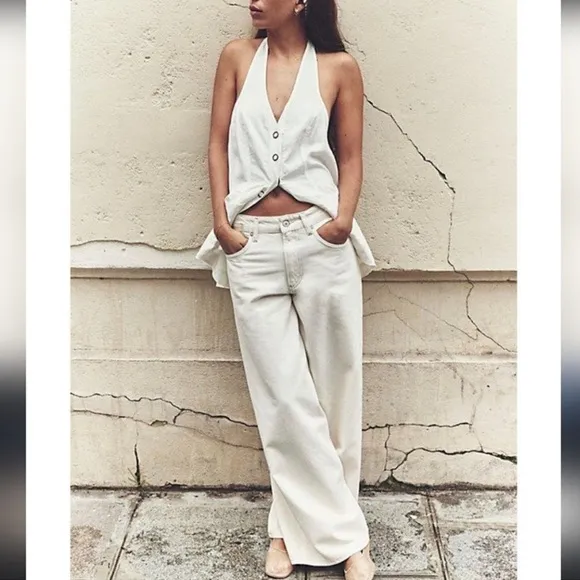 Free People Waterfalls Baggy Wide Leg Jeans Ivory Size 28 NWT