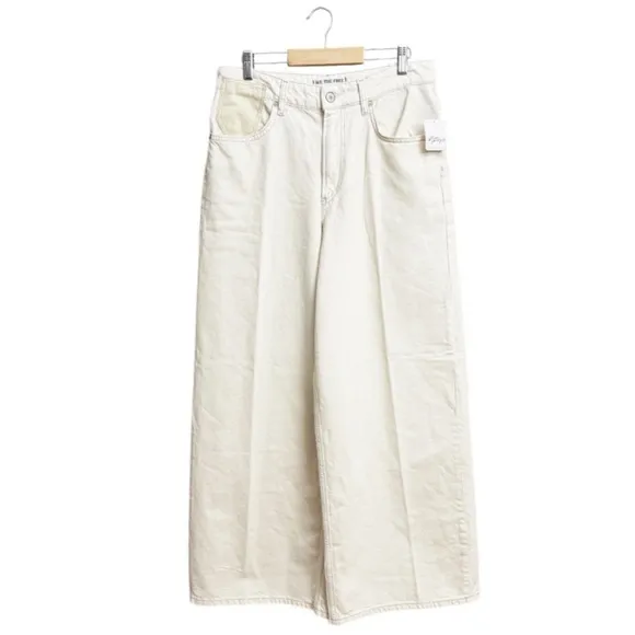 Free People Waterfalls Baggy Wide Leg Jeans Ivory Size 28 NWT