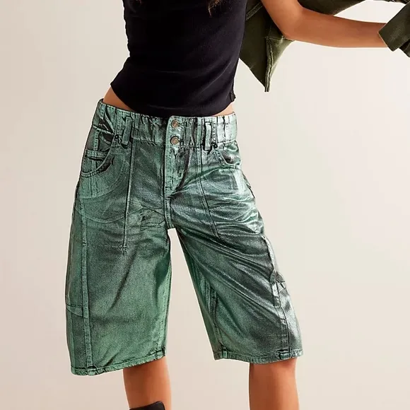 Free People We The Free Extreme Measures Metallic Barrel Shorts Kryptonite
