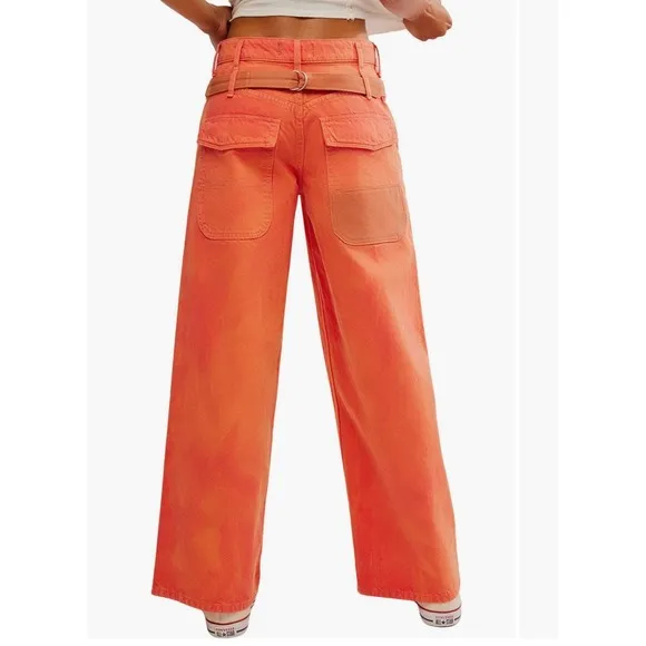 Free People We The Free Waterfalls Baggy Wide Leg Jeans Orange Size 31S NWT