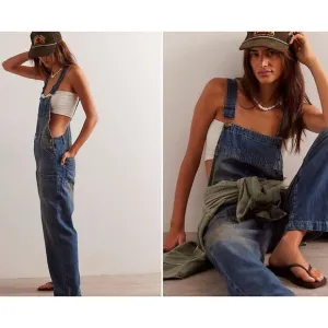 Free People We The Free Way Back Overalls Slouchy Cargo Pocket Blue Size XS NWOT