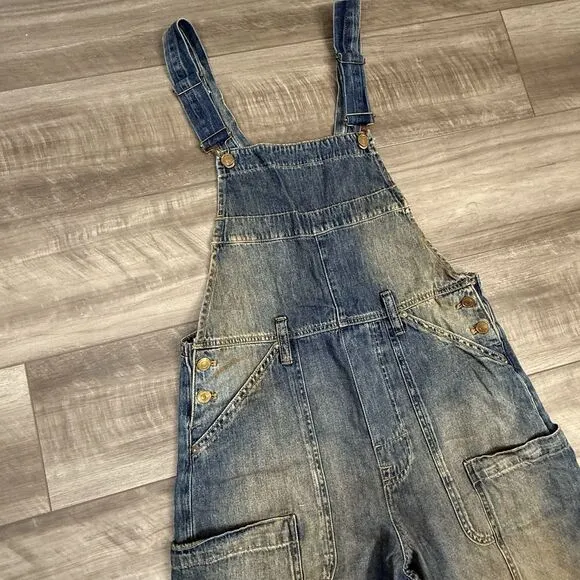 Free People We The Free Way Back Overalls Slouchy Cargo Pocket Blue Size XS NWOT