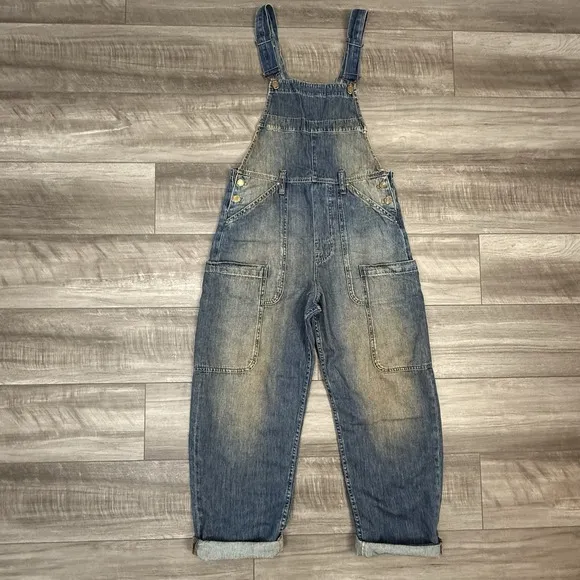 Free People We The Free Way Back Overalls Slouchy Cargo Pocket Blue Size XS NWOT