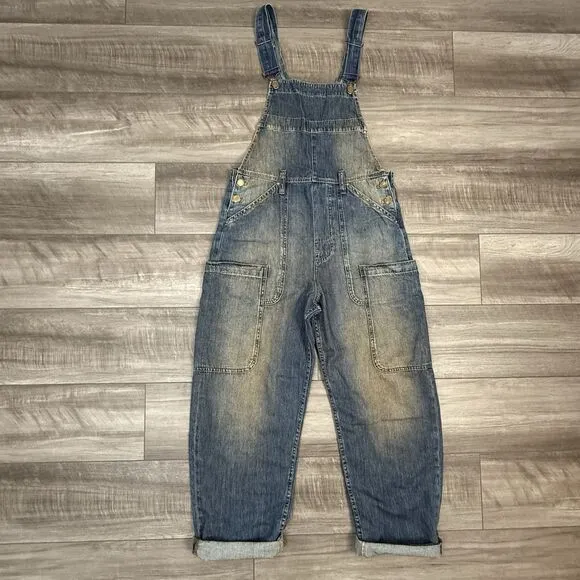 Free People We The Free Way Back Overalls Slouchy Cargo Pocket Blue Size XS NWOT