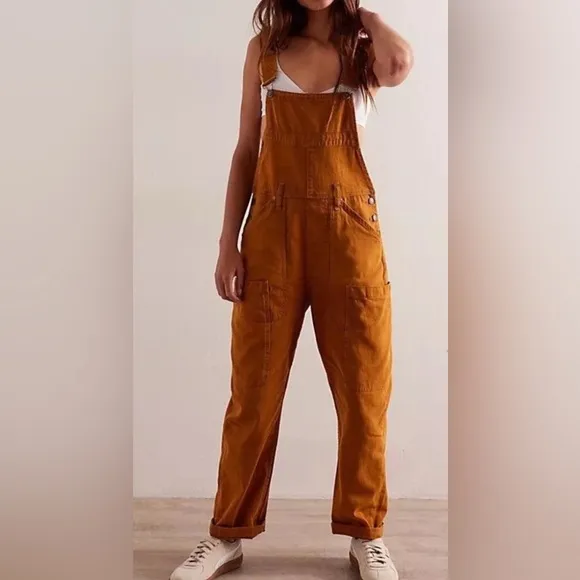 Free People We The Free Way Back Romper Denim Overalls Mustard/brown NWOT