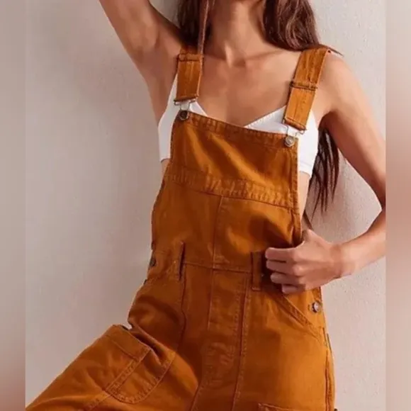 Free People We The Free Way Back Romper Denim Overalls Mustard/brown NWOT