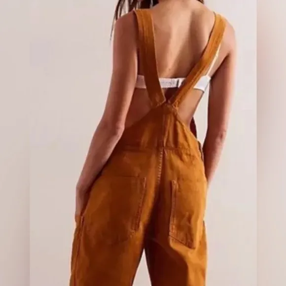 Free People We The Free Way Back Romper Denim Overalls Mustard/brown NWOT