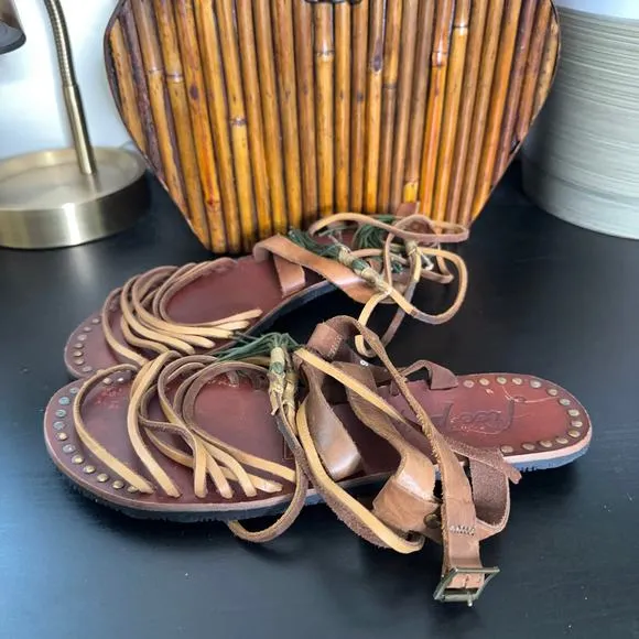 FREE PEOPLE Willow Wrap Sandals Leather Brown Tan Tassel Sz 39 / 8