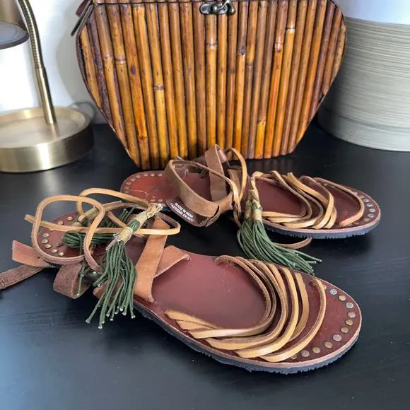 FREE PEOPLE Willow Wrap Sandals Leather Brown Tan Tassel Sz 39 / 8