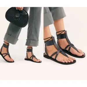 Free People Women Black Vacation Day Leather Wrap Strappy NEW Gladiator Sandals