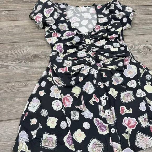 Free People Women's Oakley Mini Dress A-Line Ruched Black Print SMALL NWOT $128