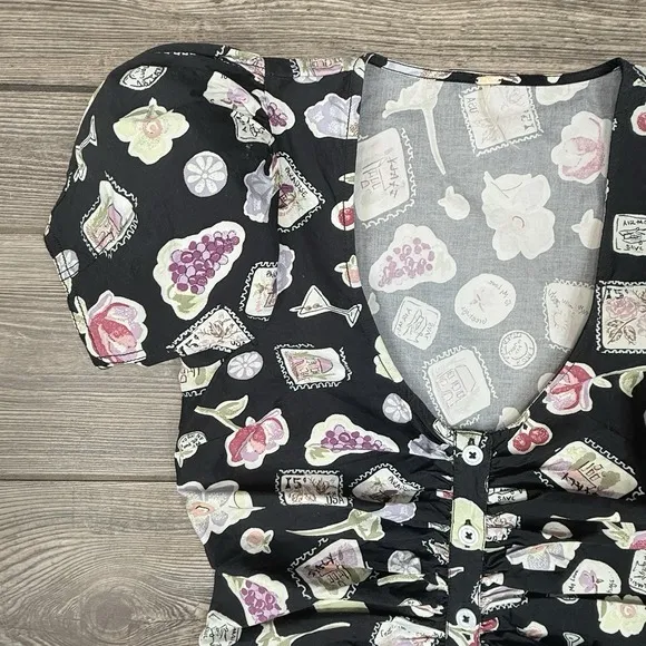 Free People Women's Oakley Mini Dress A-Line Ruched Black Print SMALL NWOT $128
