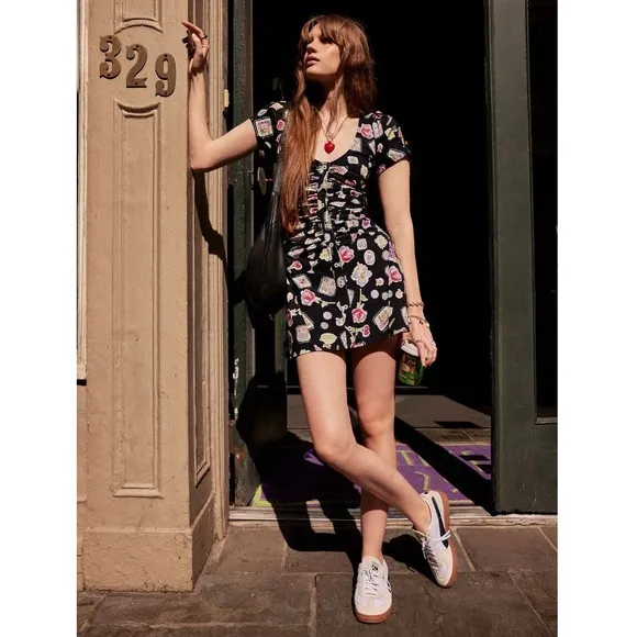Free People Women's Oakley Mini Dress A-Line Ruched Black Print SMALL NWOT $128