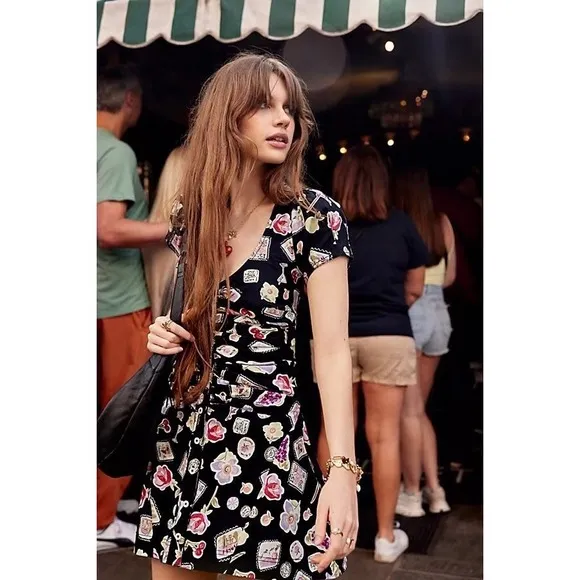 Free People Women's Oakley Mini Dress A-Line Ruched Black Print SMALL NWOT $128