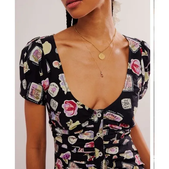 Free People Women's Oakley Mini Dress A-Line Ruched Black Print SMALL NWOT $128