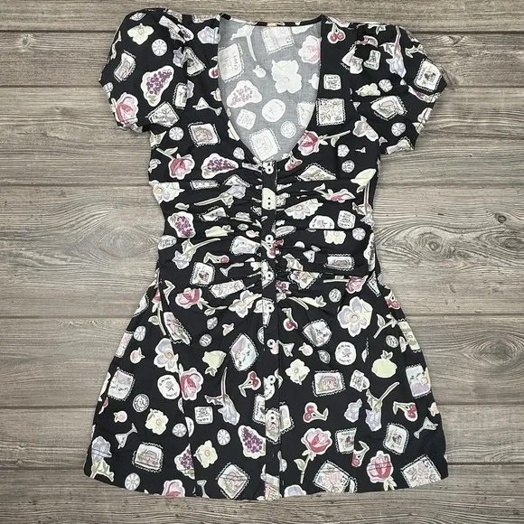 Free People Women's Oakley Mini Dress A-Line Ruched Black Print SMALL NWOT $128