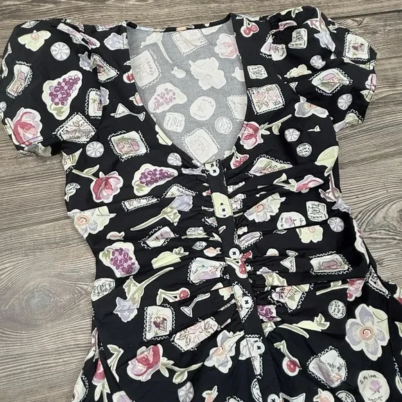 Free People Women's Oakley Mini Dress A-Line Ruched Black Print SMALL NWOT $128