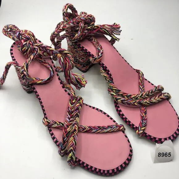 Free People x Amambaih Isabel Braided Ankle Wrap Heels Sandals Pink EU 40 /US 10