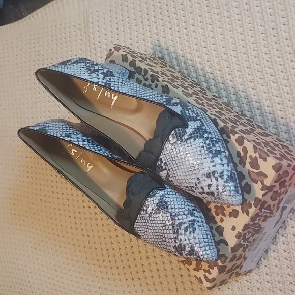 French Sole Josephine Snake Print Heeled Loafers in Black/White NIB