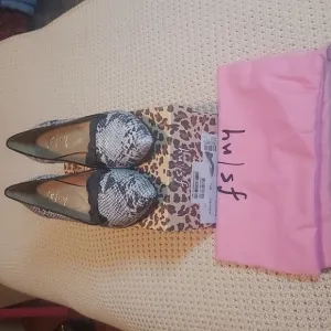 French Sole Josephine Snake Print Heeled Loafers in Black/White NIB