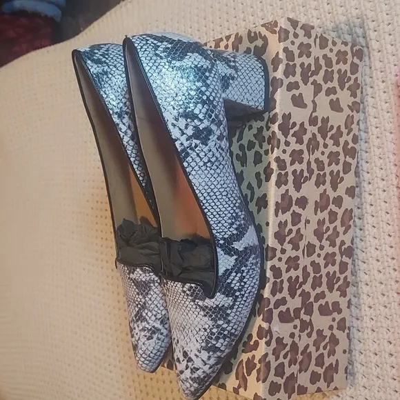 French Sole Josephine Snake Print Heeled Loafers in Black/White NIB