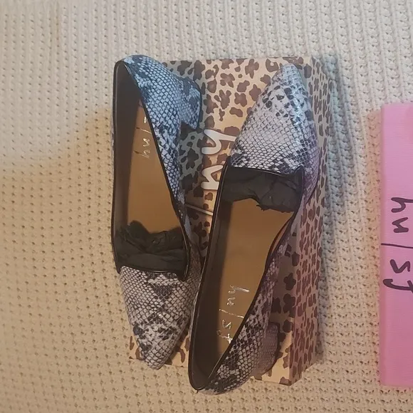 French Sole Josephine Snake Print Heeled Loafers in Black/White NIB