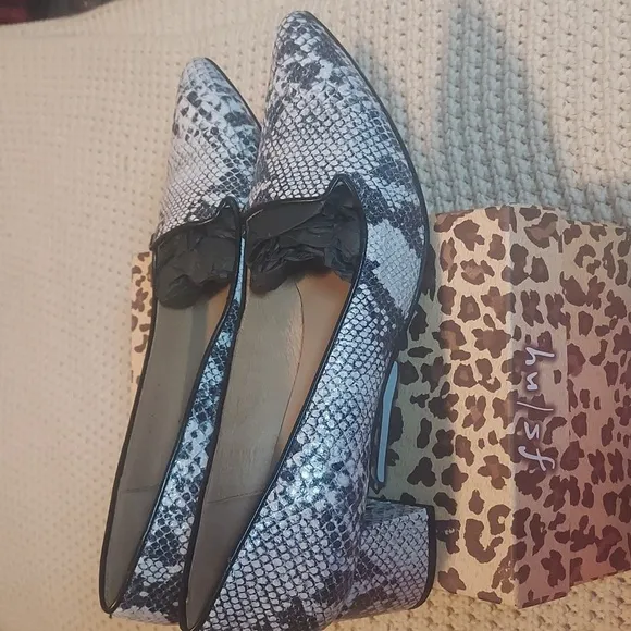 French Sole Josephine Snake Print Heeled Loafers in Black/White NIB