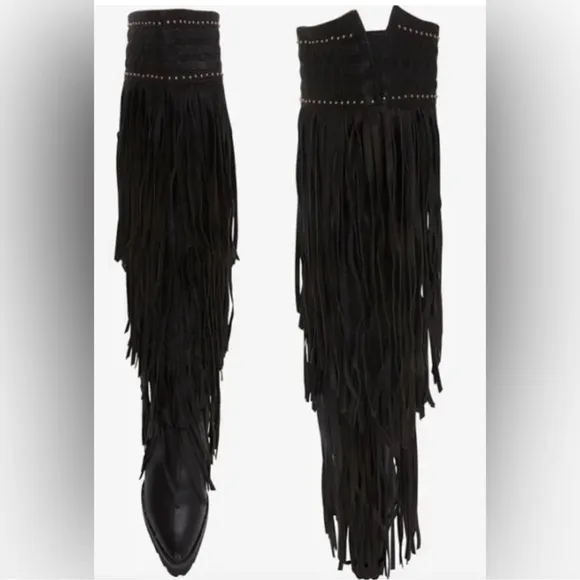 Fringe Black Knee-High Boots