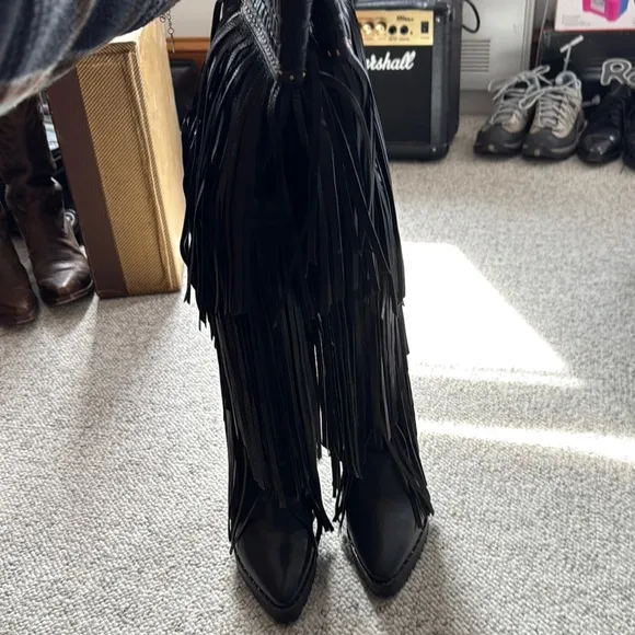 Fringe Black Knee-High Boots
