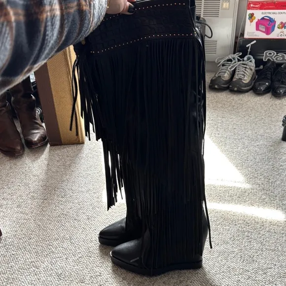 Fringe Black Knee-High Boots