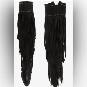 Fringe Black Knee-High Boots