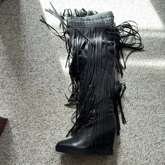 Fringe Black Knee-High Boots