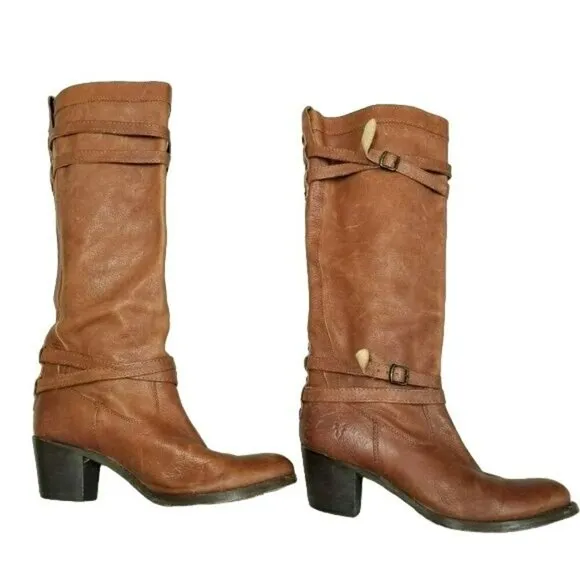 Frye 76396 Jane Strappy Brown Leather Womens High Heel‎ Booties Boots Size 9