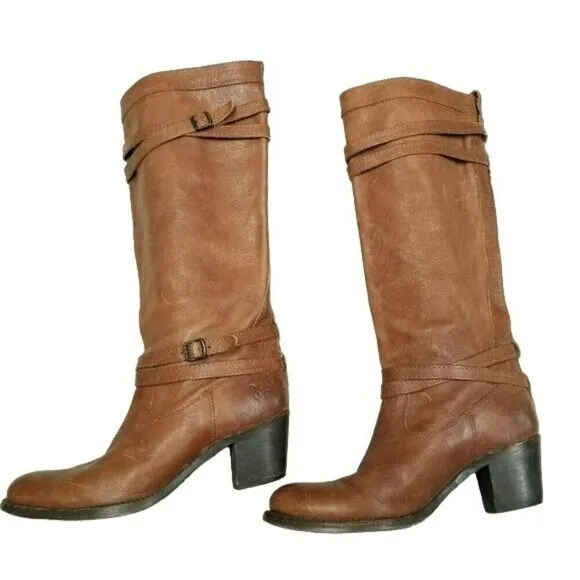 Frye 76396 Jane Strappy Brown Leather Womens High Heel‎ Booties Boots Size 9
