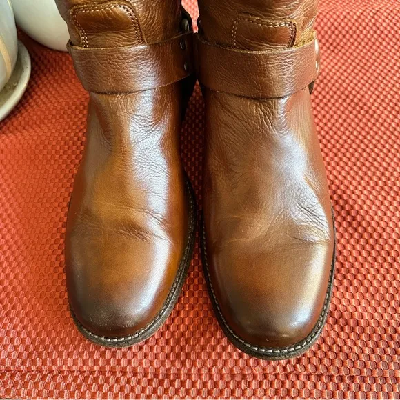 Frye Phillip Harness Knee High Leather Boots Sz 9 Brown w/Studs Back Zipper