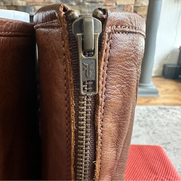 Frye Phillip Harness Knee High Leather Boots Sz 9 Brown w/Studs Back Zipper