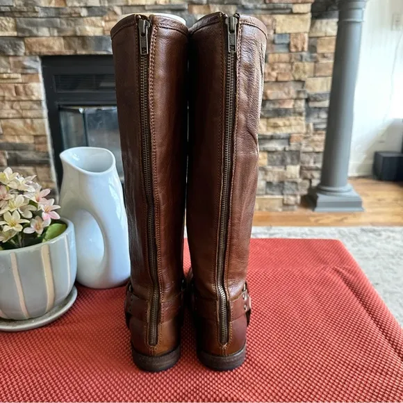 Frye Phillip Harness Knee High Leather Boots Sz 9 Brown w/Studs Back Zipper