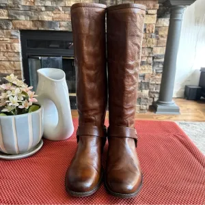Frye Phillip Harness Knee High Leather Boots Sz 9 Brown w/Studs Back Zipper