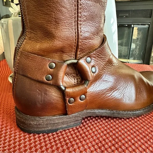 Frye Phillip Harness Knee High Leather Boots Sz 9 Brown w/Studs Back Zipper