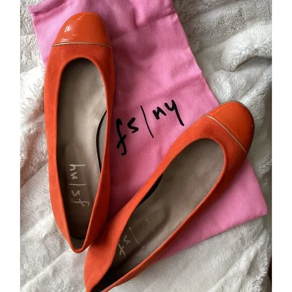 FS/NY French Sole NEW Orange Suede Gold Patent Comfort Flats 9 Rubber Sole SPAIN