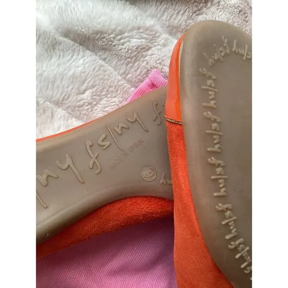 FS/NY French Sole NEW Orange Suede Gold Patent Comfort Flats 9 Rubber Sole SPAIN