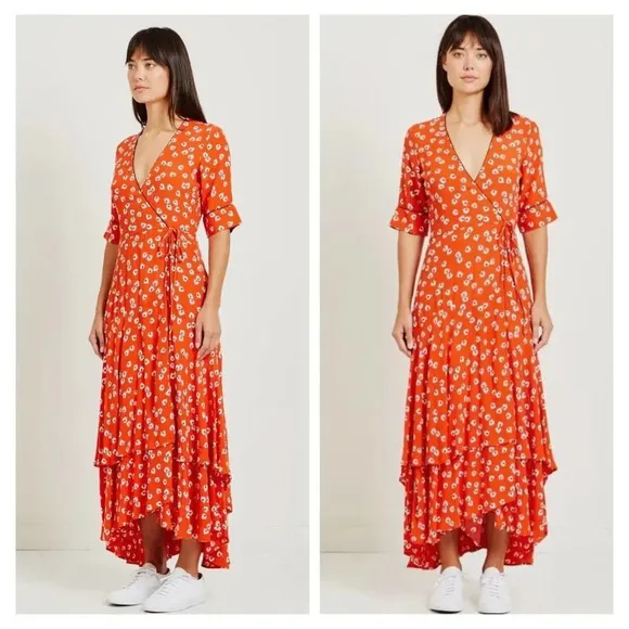 Ganni Crepe Floral Print Midi Wrap Dress in Coral Red Size 8