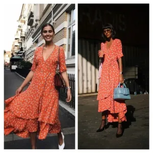 Ganni Crepe Floral Print Midi Wrap Dress in Coral Red Size 8