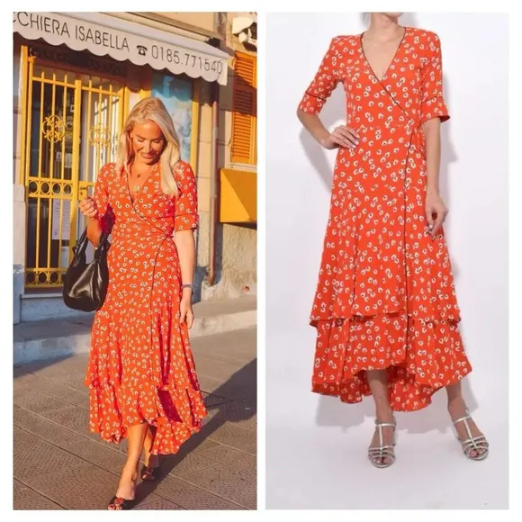 Ganni Crepe Floral Print Midi Wrap Dress in Coral Red Size 8