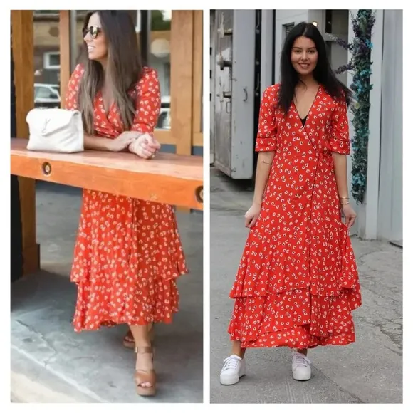 Ganni Crepe Floral Print Midi Wrap Dress in Coral Red Size 8