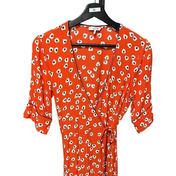 Ganni Crepe Floral Print Midi Wrap Dress in Coral Red Size 8