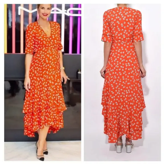Ganni Crepe Floral Print Midi Wrap Dress in Coral Red Size 8
